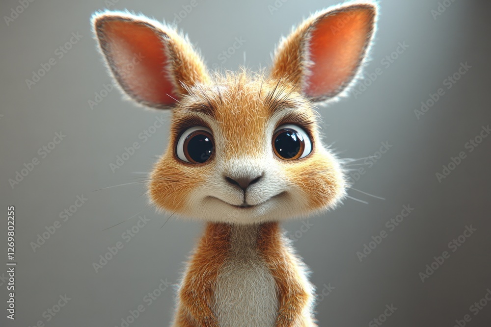 Obraz premium Cute animated rabbit smiling with big eyes and fluffy ears in a playful expression against a neutral background