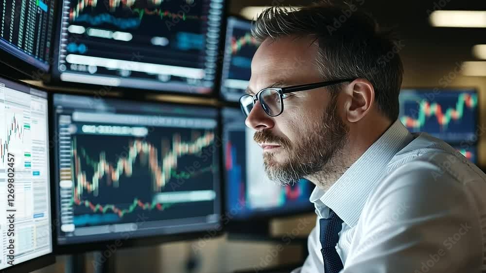 Wall Street trader analyzing stock market trends on multiple screens Wall Street trader analyzing stock market trends on multiple screens