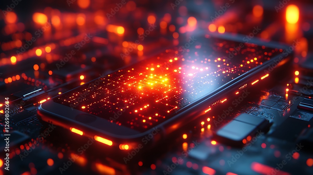 Virtual security concept with a smartphone protected by glowing firewall bricks in a futuristic setting Virtual security concept with a smartphone protected by glowing firewall bricks in a futuristic setting