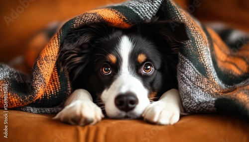Fototapeta Naklejka Na Ścianę i Meble -  Adorable Border Collie Puppy Relaxing On Couch Indoors, Snuggled Under Blanket In Chilly Fall And Winter Weather. A Beloved Family Member.