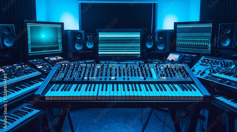 Obraz premium Modern electric keyboard surrounded by synthesizers and monitors in a high tech studio bathed in cool blue lighting