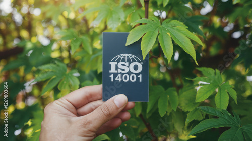 Hand holding ISO 14001 certification card surrounded by lush green foliage showcasing environmental management
