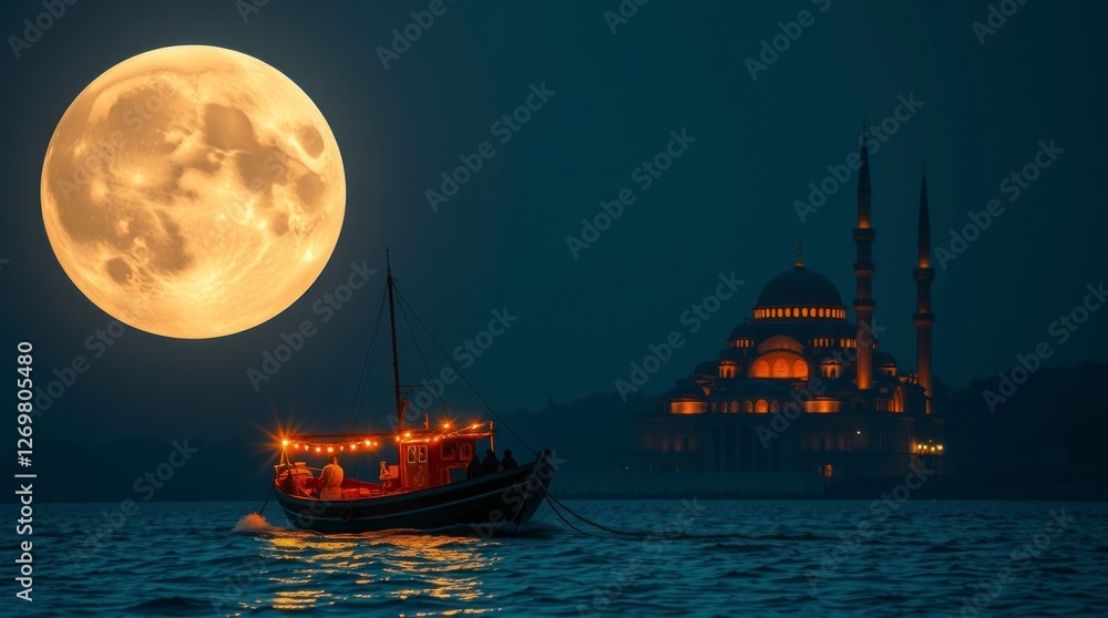 Obraz premium Night Boat Illuminated Under Giant Moon Near Mosque