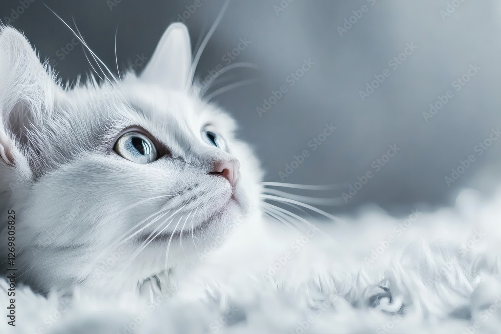 Fototapeta premium White Cat Gazing Thoughtfully in a Cozy Indoor Setting During Daylight. Generative AI