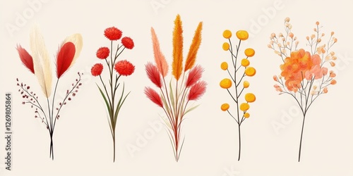 Cartoon Bouquet set various floral arrangements with feather celosias, golden buttons, and honeysuckles blossoms.