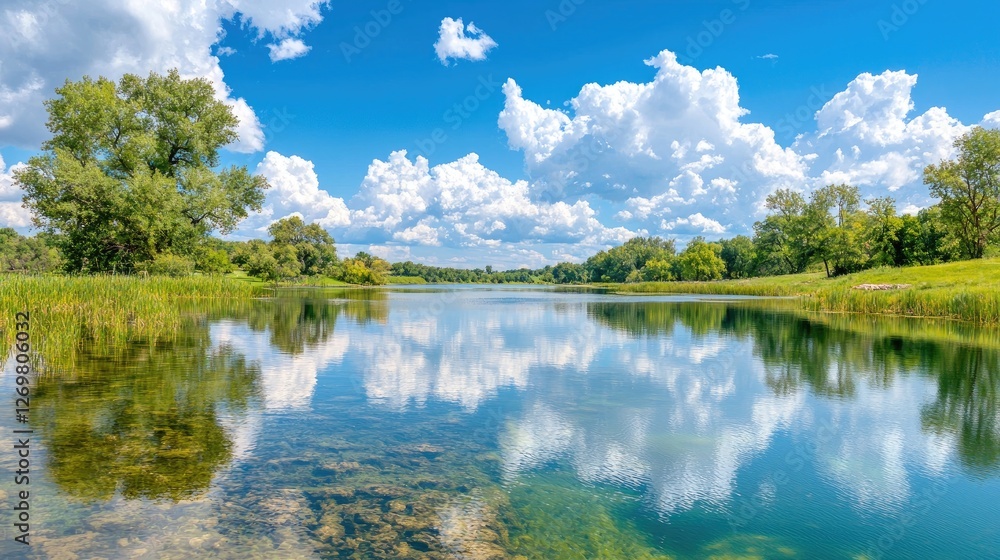 Calm lake reflecting sky, lush greenery, summer. Perfect for travel brochures Calm lake reflecting sky, lush greenery, summer. Perfect for travel brochures