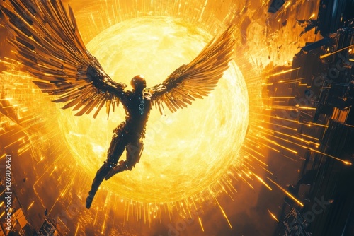 Futuristic cybernetic Icarus with mechanical wings soaring toward a blazing sun, symbolizing ambition, technology, and the limits of human innovation