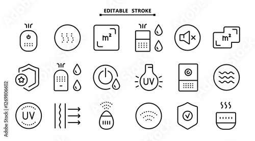 Air purifier and humidifier machine icon sets. Editable stroke. Home device for air purification filtering. Electronic devices. Home climate. Moisture content