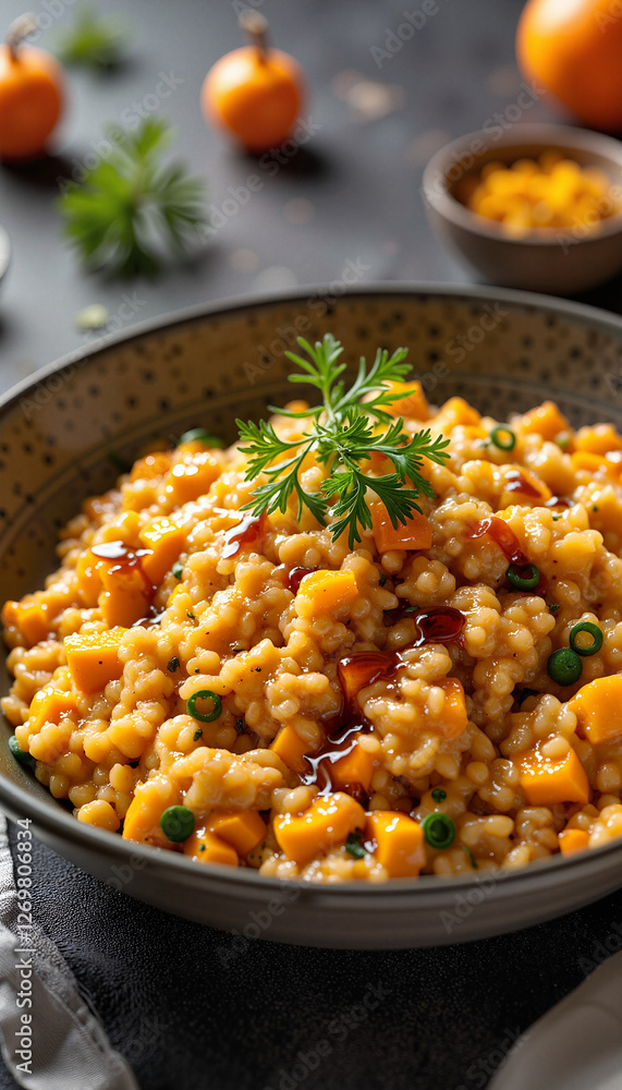 Butternut squash risotto with balsamic drizzle on stylish tablecloth, culinary art Butternut squash risotto with balsamic drizzle on stylish tablecloth, culinary art