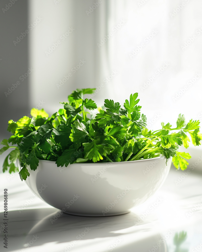 Fototapeta premium Minimalist Parsley with Roots in Ceramic Bowl