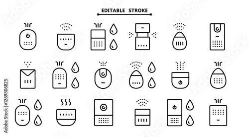 Air purifier and humidifier machine icon sets. Editable stroke. Home device for air purification filtering. Home climate. Moisture content. Simple Air Humidifier icon