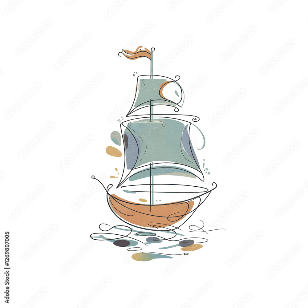 A stylized ship with sails and a small flag A stylized ship with sails and a small flag
