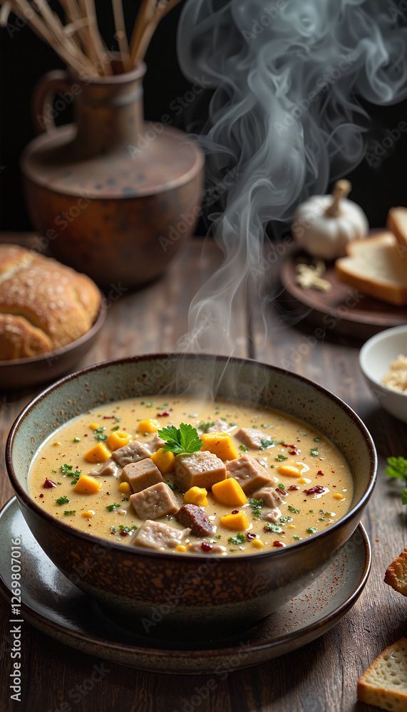 Traditional Romanian sour tripe soup in rustic kitchen, culinary warmth Traditional Romanian sour tripe soup in rustic kitchen, culinary warmth