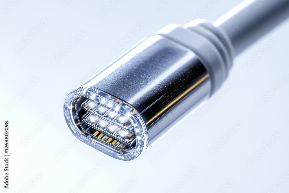 Close-up of a modern LED flashlight with a metallic body and clear encasing, showcasing the bright lights on a clean, bright background for product display. Close-up of a modern LED flashlight with a metallic body and clear encasing, showcasing the bright lights on a clean, bright background for product display.