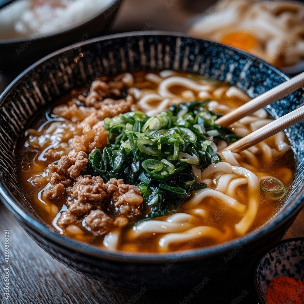Φωτογραφία A close-up shot of udon noodles served in broth, with a pair of chopsticks resti