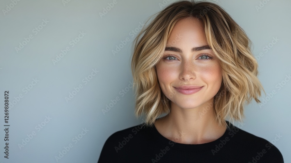 Obraz premium Smiling young woman with blonde short groomed hair isolated on pastel grey background