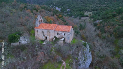 Wallpaper Mural Aerial view from a drone of the winter landscape at the Church of San Esteban in the village of Ribera. Valderejo Natural Park. Valdegovía Municipality. Álava Province. Basque Country. Spain. Europe Torontodigital.ca