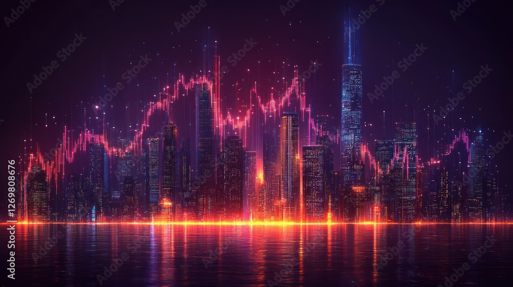 Night cityscape, stock market graph overlay, reflection, digital finance Night cityscape, stock market graph overlay, reflection, digital finance