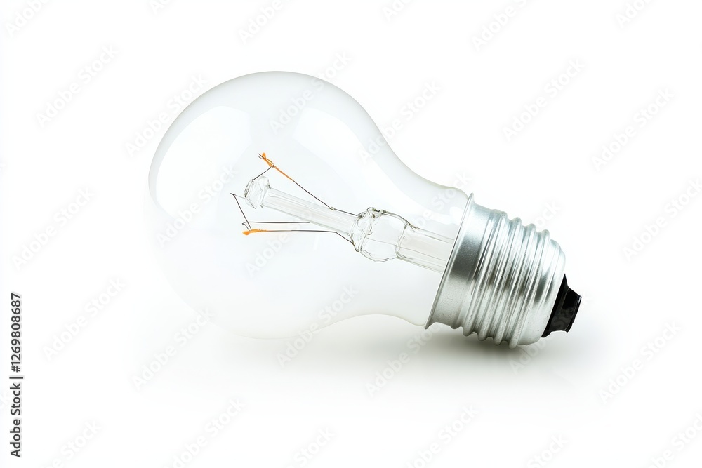 A close-up view of a glowing incandescent light bulb resting on a bright surface isolated on transparent background A close-up view of a glowing incandescent light bulb resting on a bright surface isolated on transparent background