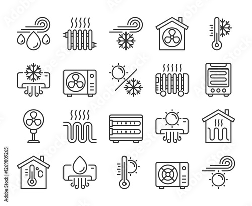 Climate control icons. Air Conditioning and climate control line icon set. Editable Stroke.