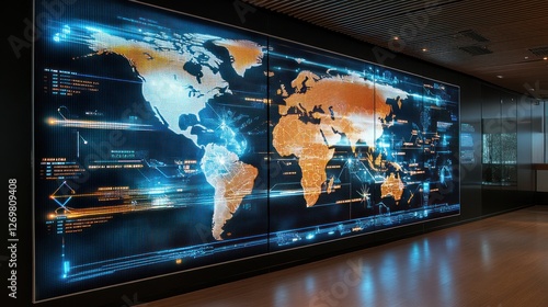 Fototapeta Naklejka Na Ścianę i Meble -  Large screen displays a stylized world map and data