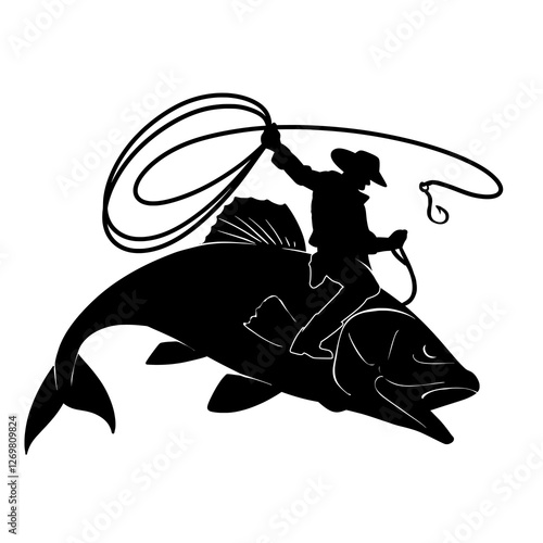 Cowboy Riding a Giant Fish with Lasso Silhouette Vector