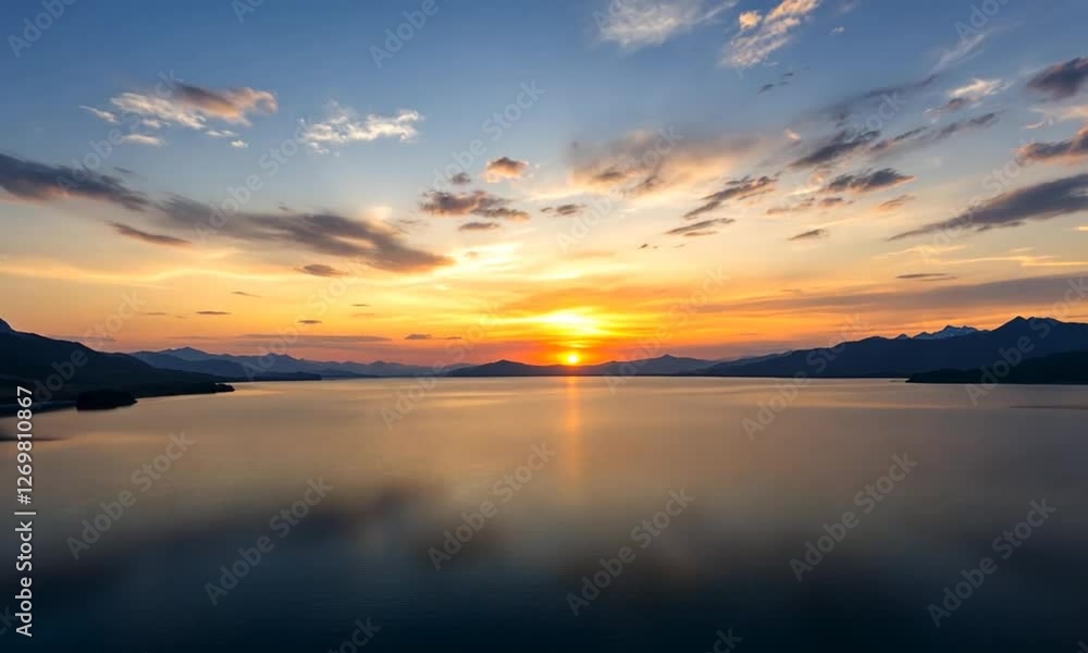 Scenic sunset over tranquil lake with mountains in the background. Use Stock photo for nature, travel, or tranquility concepts Scenic sunset over tranquil lake with mountains in the background. Use Stock photo for nature, travel, or tranquility concepts