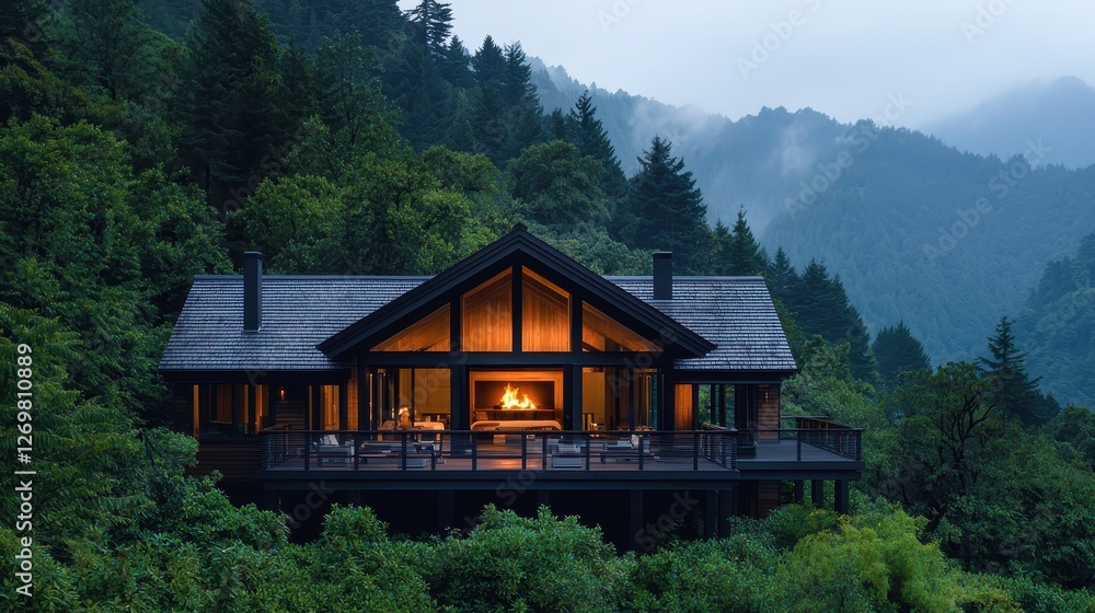 A serene cabin nestled in lush greenery, illuminated by warm light, surrounded by misty mountains under a twilight sky. A serene cabin nestled in lush greenery, illuminated by warm light, surrounded by misty mountains under a twilight sky.