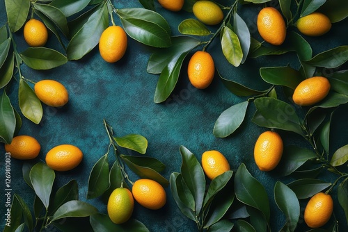 Overhead view of ripe kumquats Background of numerous kumquats Still life of these fruits