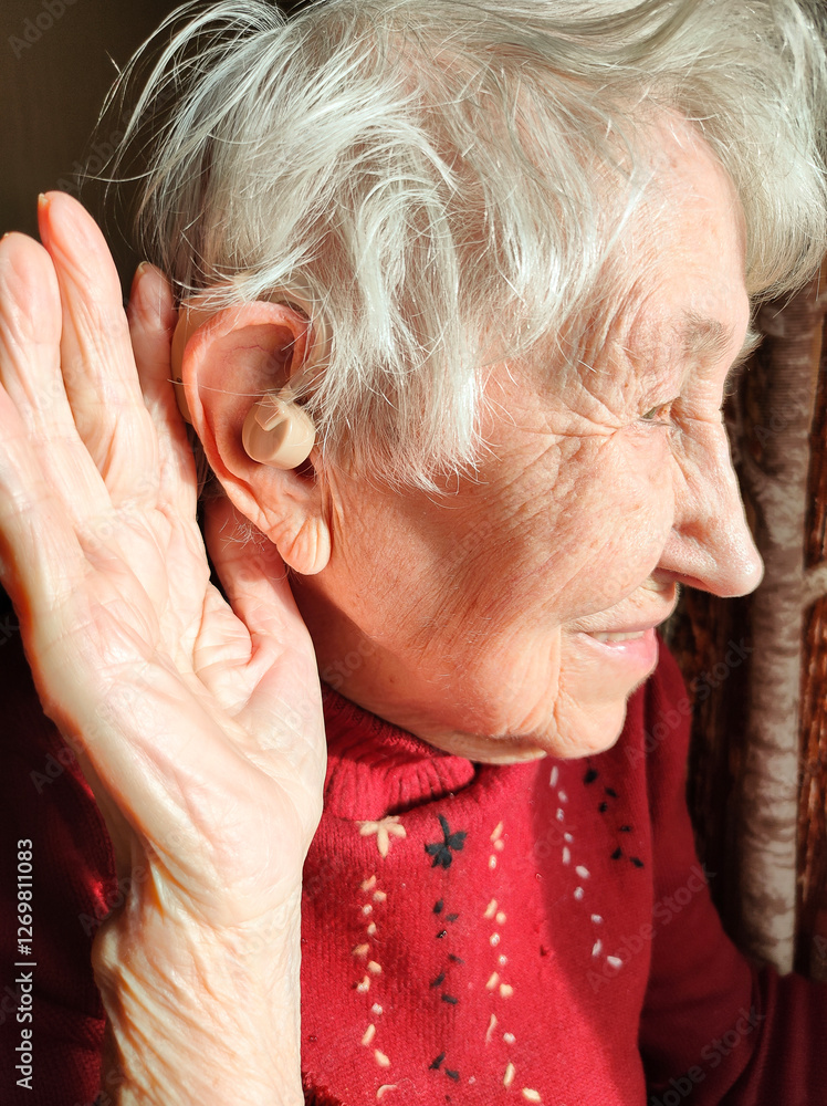 Middle age woman smiling confident using hearing aid