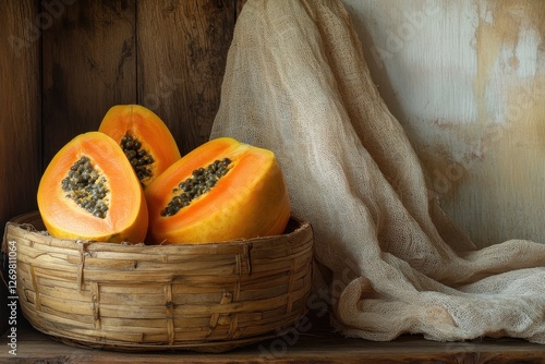 Papayas in a wooden bowl with a straw basket and a rustic textile backdrop