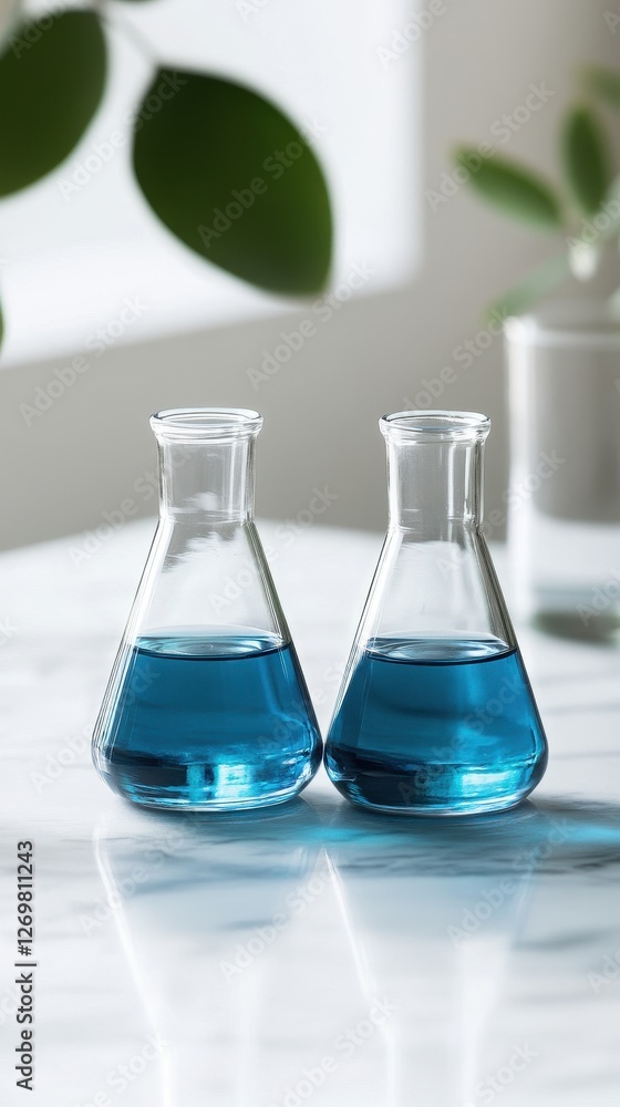 Two Erlenmeyer Flasks Filled with Blue Liquid on Marble Surface
