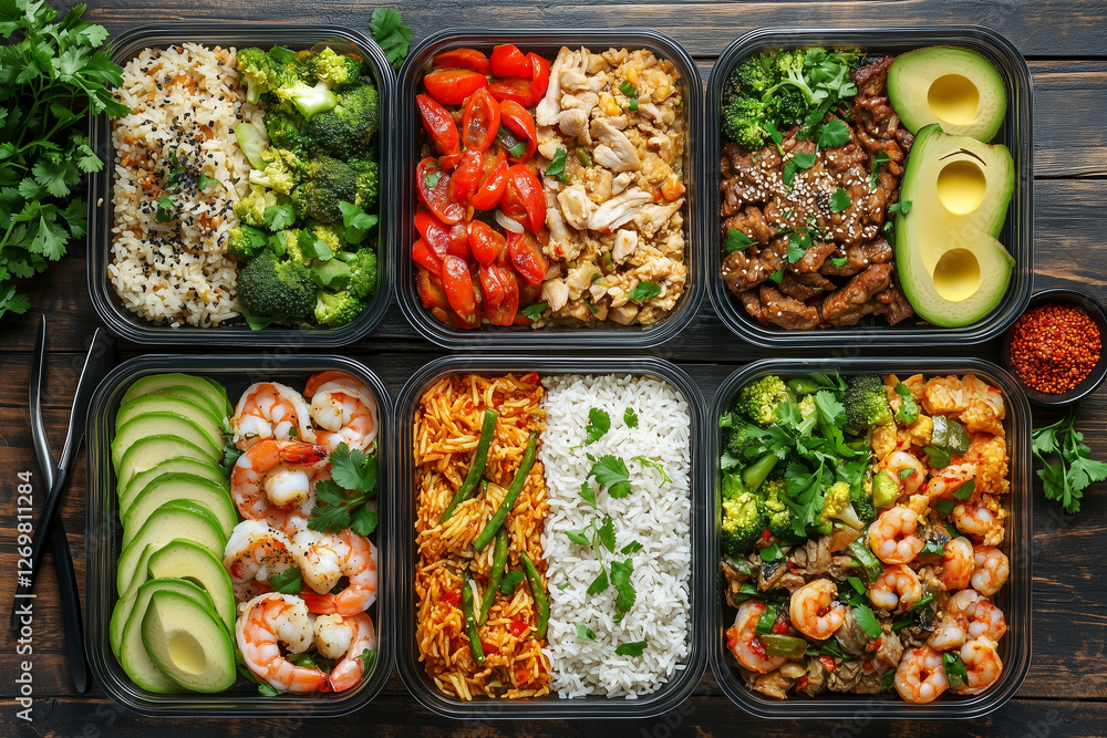 Diverse meal prep boxes on a rustic wooden kitchen table Diverse meal prep boxes on a rustic wooden kitchen table