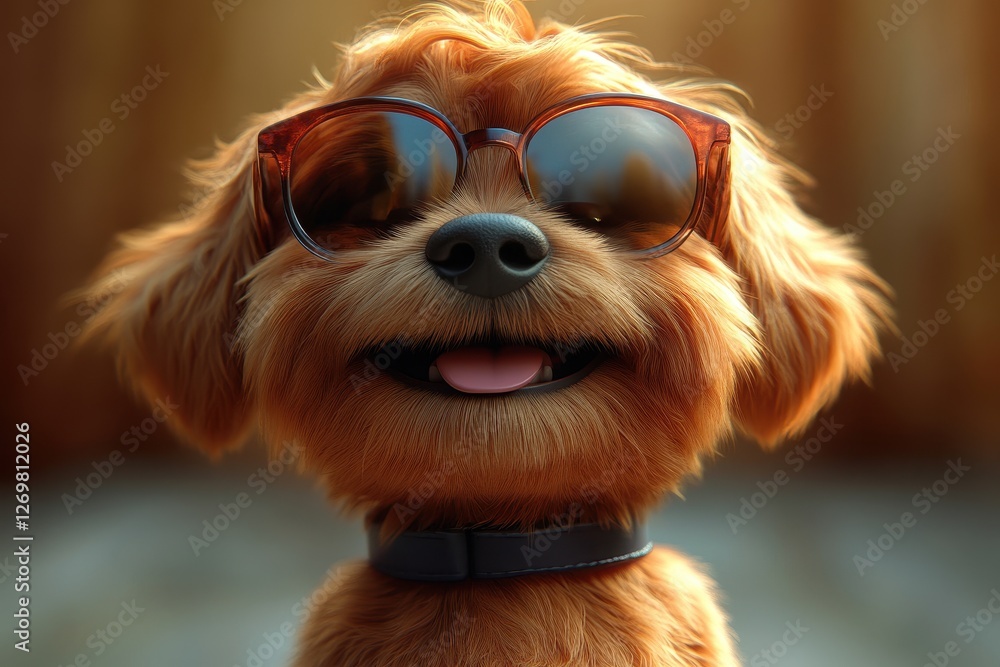 Naklejka premium Playful dog wearing sunglasses enjoys a sunny day with a big smile and bright fur