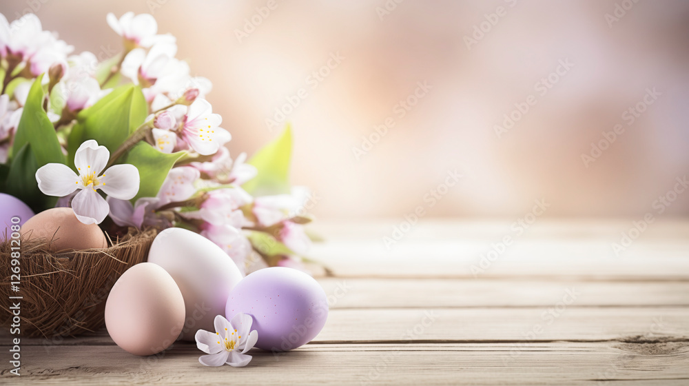 A charming arrangement featuring pastel-colored Easter eggs nestled in a natural nest alongside delicate blossoms. The warm, soft background enhances the festive atmosphere, perfect for spring A charming arrangement featuring pastel-colored Easter eggs nestled in a natural nest alongside delicate blossoms. The warm, soft background enhances the festive atmosphere, perfect for spring
