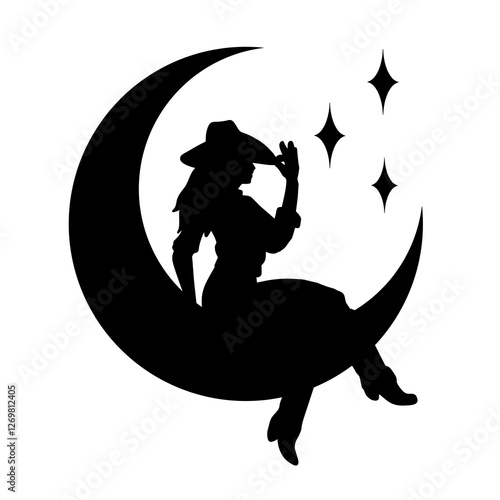 Cowgirl Silhouette Sitting on Crescent Moon Vector Illustration