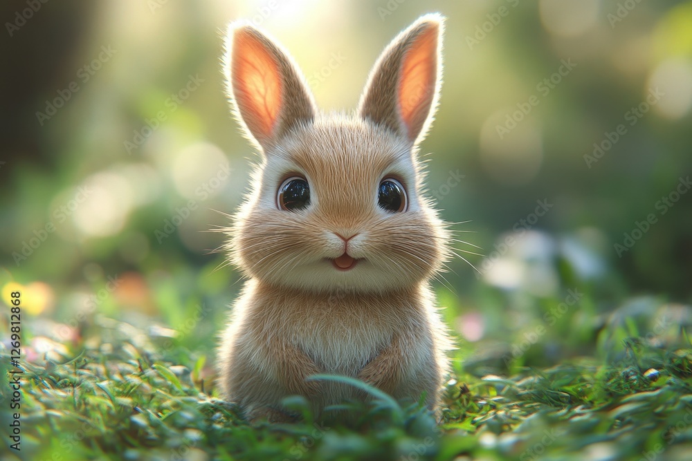 Fototapeta premium Cute fluffy rabbit with big eyes sitting in a sunlit meadow surrounded by green grass and flowers