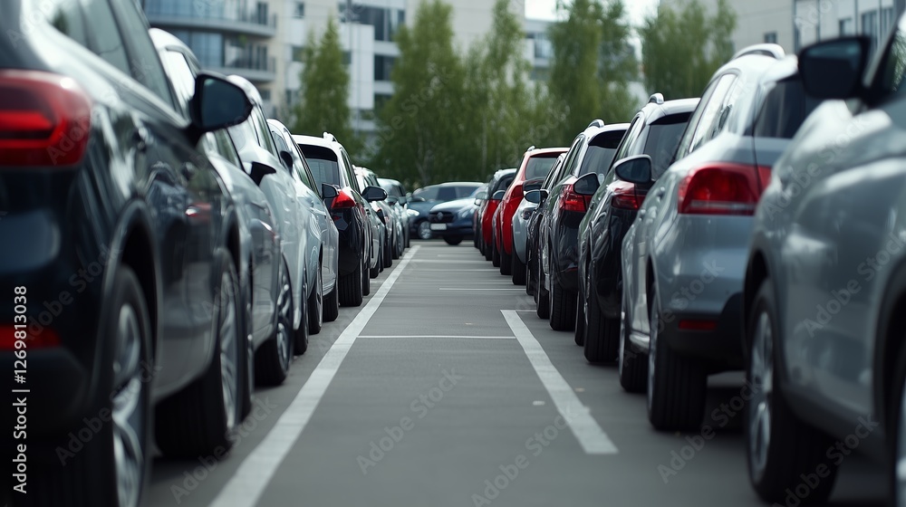 Obraz premium Parked vehicles densely filling parking area, highlighting urban transportation limitations and congestion problems in metropolitan environments