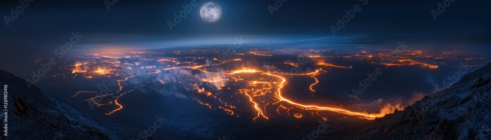 Fototapeta premium Nighttime Volcanic Eruption Lava Flow Under Full Moon