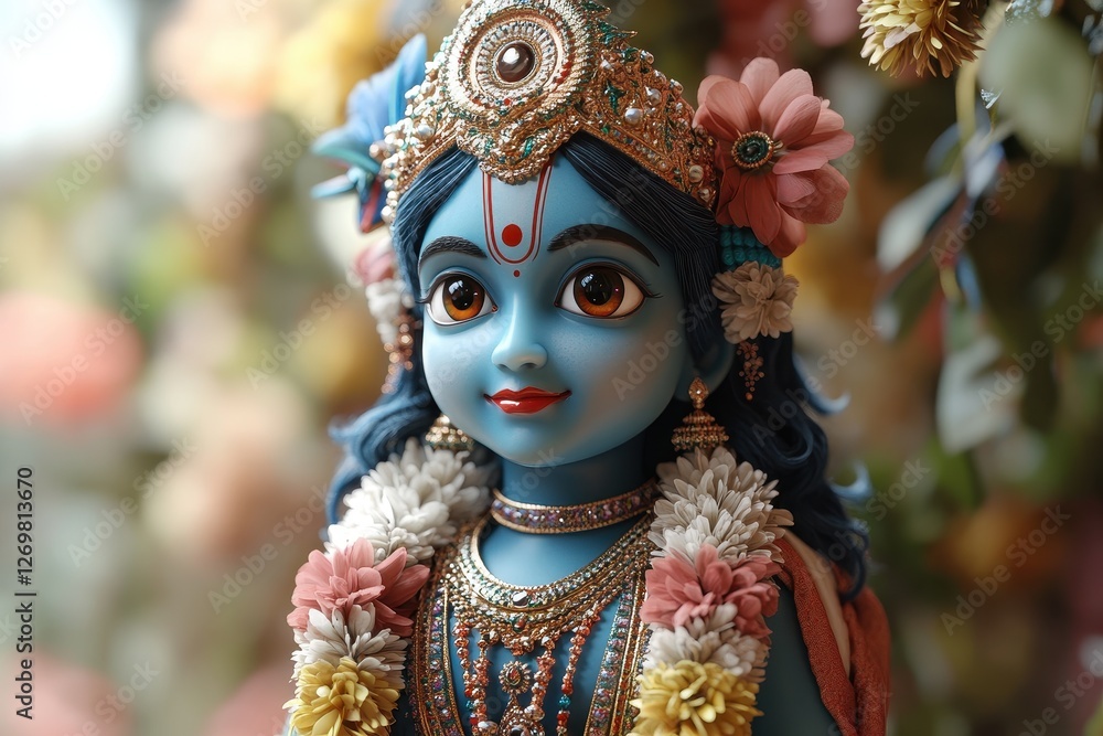 Krishna idol adorned with flowers in a serene setting during a festive occasion Krishna idol adorned with flowers in a serene setting during a festive occasion