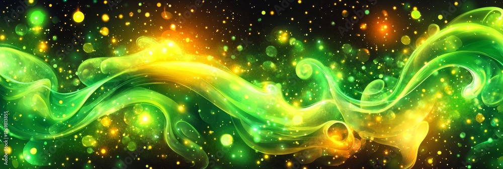 Abstract Background, Turquoise and Lime Green Light Flowing Ribbon, Dark Background, Particles Abstract Background, Turquoise and Lime Green Light Flowing Ribbon, Dark Background, Particles