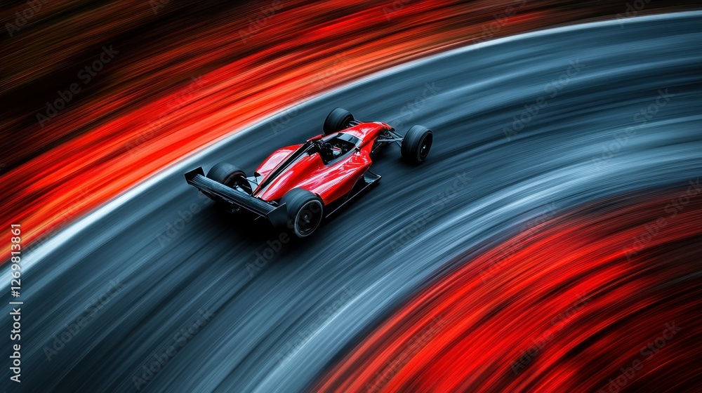 Red race car cornering fast, blurred background, motorsport action Red race car cornering fast, blurred background, motorsport action