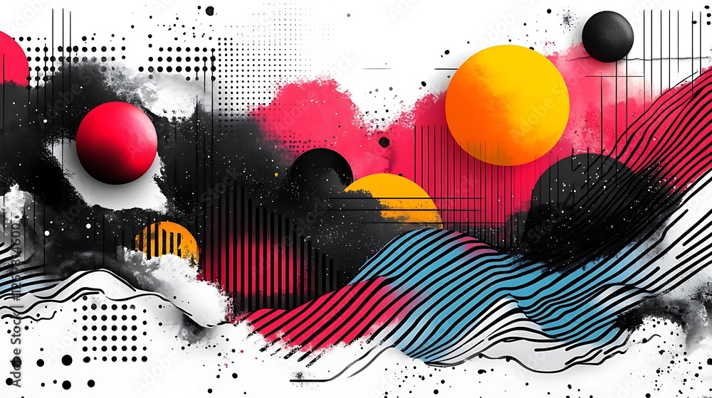 Obraz premium Futuristic retro 80s collage featuring zigzag lines and abstract elements on white background