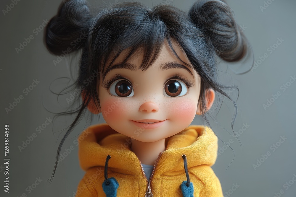 Young girl with big eyes and a cheerful smile wearing a yellow hoodie against a simple gray background Young girl with big eyes and a cheerful smile wearing a yellow hoodie against a simple gray background