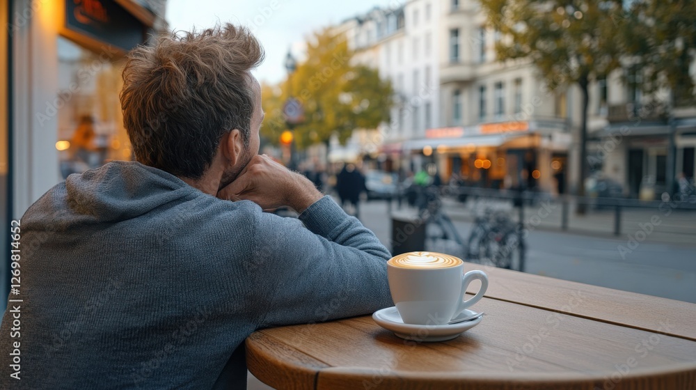 A man sitting in a cafe, enjoying his favorite coffee and people-watching A man sitting in a cafe, enjoying his favorite coffee and people-watching
