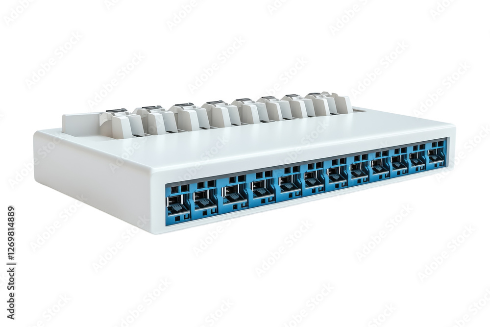 A sleek network switch with multiple ports on a minimalist surface for efficient connectivity isolated on transparent background A sleek network switch with multiple ports on a minimalist surface for efficient connectivity isolated on transparent background