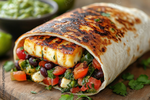 A delicious halloumi wrap served with fresh vegetables and sauces photo