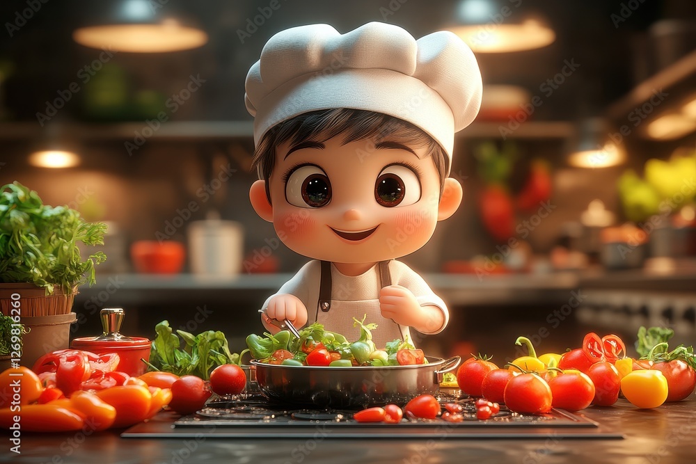 Young chef prepares fresh vegetables in a cozy kitchen filled with colorful ingredients and joyful atmosphere Young chef prepares fresh vegetables in a cozy kitchen filled with colorful ingredients and joyful atmosphere