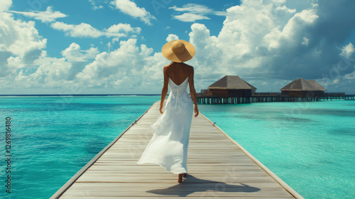Woman walking on pier towards overwater bungalows in tropical paradise