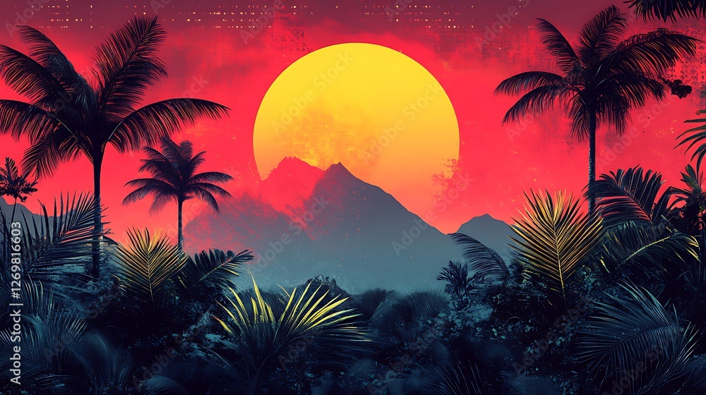 Fototapeta premium Synthwave influenced 80s graphic collage with bold color contrast and geometric shapes on white